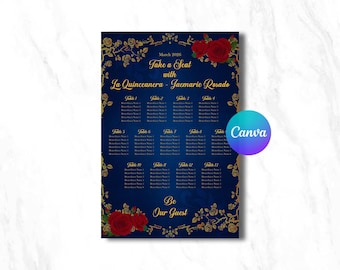 Beauty and the Beast Wedding Seating Chart – Gold Frame and Roses Canva Edit (Digital File)