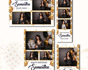 Gold & White Birthday Photobooth Template : Balloons with Confetti  | Instant Editable Digital Download