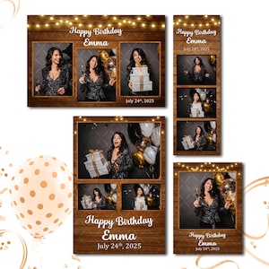 Könnte beinhalten: Mehrere Fotobox-Layouts mit Holzoptik-Hintergrund. Die Layouts zeigen eine Frau, die mit Geschenken und Champagner feiert. Der Text lautet "Happy Birthday Emma, July 24th, 2025."