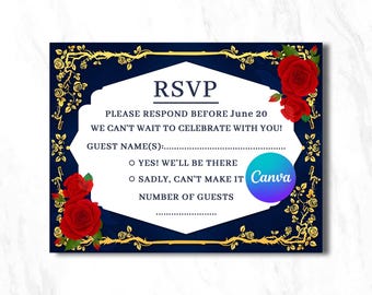 May include: A rectangular RSVP card with a dark blue background and a white central panel. The border features gold vine illustrations and red roses. Text includes RSVP, PLEASE RESPOND BEFORE June 20, WE CAN'T WAIT TO CELEBRATE WITH YOU!, GUEST NAME(S), YES! WE'LL BE THERE, SADLY, CAN'T MAKE IT, and NUMBER OF GUESTS.