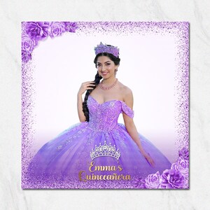 May include: A young woman in a lavender quinceañera gown and crown. The off-the-shoulder dress features intricate beading and a full skirt. The image is framed with purple roses and glitter, with the text "Emma's Quinceañera".