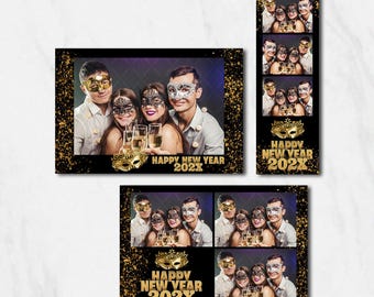 Plantilla elegante para fotomatón de Nochevieja con diseño de máscaras en negro y dorado (descarga instantánea)