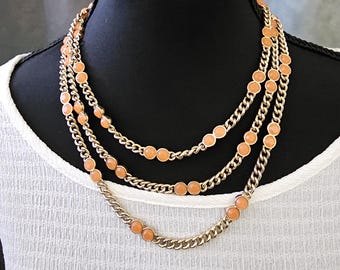 Banana Republic Orange Enamel Multi-Strand Chain Necklace, Statement Layered Gold Tone