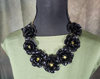 Black Floral Statement Necklace – Bold Bib Necklace with Gold Chain & Faceted Flowers