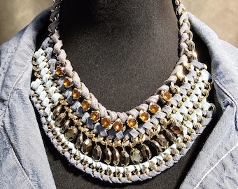 Banana Republic Blue Woven Chain Bib w/ Amber Crystals & Silver Tone Links