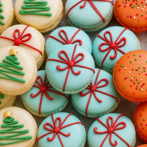 Peut inclure: Assortiment de macarons colorés, certains décorés d'arbres de Noël verts et d'étoiles dorées, d'autres avec des motifs de nœuds rouges. Les macarons sont bleu clair, orange et crème, parfaits pour une gâterie de vacances.