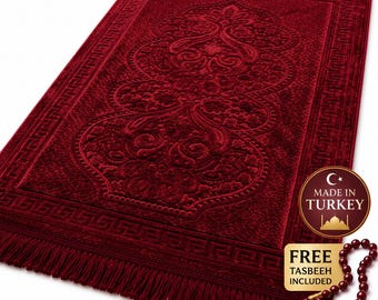 Luxury Turkish Prayer Rug – Soft Velvet Islamic Prayer Mat with Tasbeeh | Muslim Janamaz Sajadah | Ramadan & Eid Gift