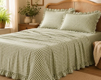 Gingham Ruffle Sheet Set, Farmhouse Bedding, Microfiber Sheets, Deep Pocket Bed Sheets, Cottagecore Plaid Bedding, Twin/Full/Queen/King