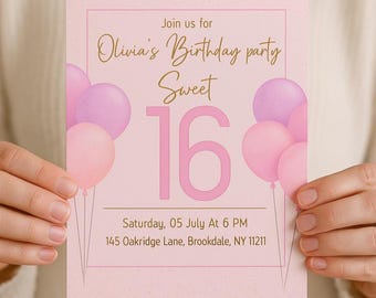 Invito di compleanno modificabile, invito per i 16 anni - Download immediato / Invito digitale