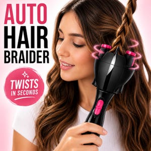 May include: An automatic hair braider in black with pink accents is shown in use, creating a braid. The device has a pink button and is held by a person with long brown hair. Text on the image reads "AUTO HAIR BRAIDER" and "TWISTS IN SECONDS."