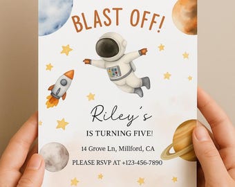 May include: A white invitation card with an astronaut illustration, planets, stars, and the text "BLAST OFF!" and "Riley's IS TURNING FIVE!". The card also includes an address and a phone number.