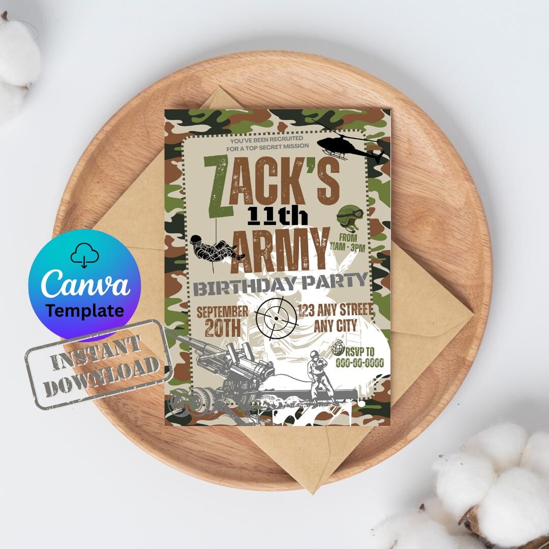 Editable Army Birthday Party Invitation | Canva Template | Electronic ...
