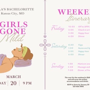 Invitation et itinéraire d'enterrement de vie de jeune fille douce | Modèle de week-end Canva Spa modifiable | Imprimable mariée décontractée