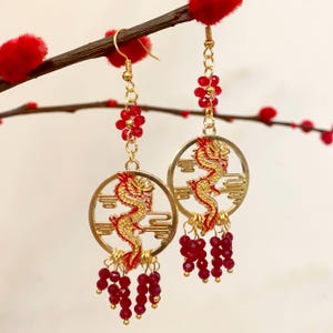 Chinese Dragon Earrings with Red Crystal Beads, Gold Tone 925 Silver Hooks, Lunar New Year Jewelry, Oriental Statement Dangle Earrings