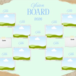 Puede incluir: Un tablero de visi&oacute;n verde claro con las palabras "Vision Board 2026" en azul claro. El tablero tiene espacios para fotos y citas, con un dise&ntilde;o de cielo y hierba en cada espacio fotogr&aacute;fico.