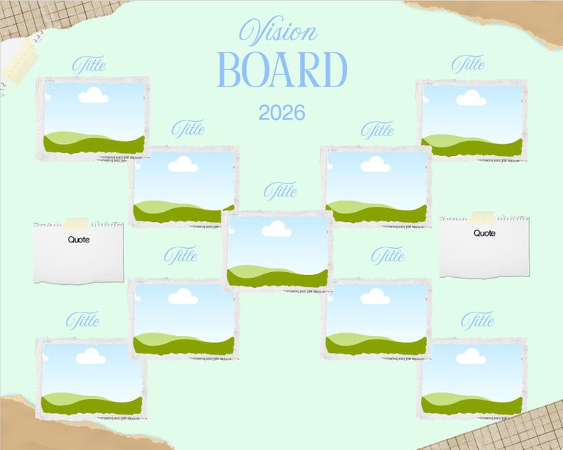Puede incluir: Un tablero de visi&oacute;n verde claro con las palabras "Vision Board 2026" en azul claro. El tablero tiene espacios para fotos y citas, con un dise&ntilde;o de cielo y hierba en cada espacio fotogr&aacute;fico.