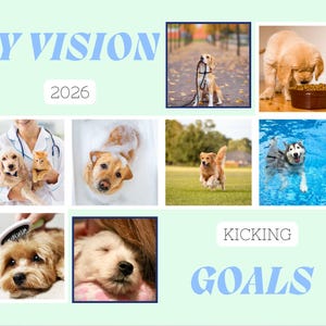 Puede incluir: Un tablero de visi&oacute;n verde claro con el texto "MY VISION 2026" y "KICKING GOALS" en azul claro. El tablero presenta varias fotos de perros, incluyendo un cachorro siendo sostenido, un perro en una piscina y un perro comiendo.