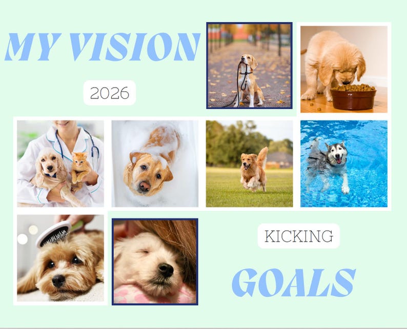 Puede incluir: Un tablero de visi&oacute;n verde claro con el texto "MY VISION 2026" y "KICKING GOALS" en azul claro. El tablero presenta varias fotos de perros, incluyendo un cachorro siendo sostenido, un perro en una piscina y un perro comiendo.