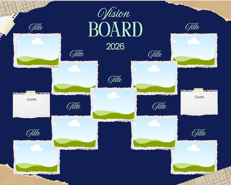 May include: A navy blue vision board for 2026 with spaces for photos and quotes. The board has a torn paper design with the words "Vision Board" in a teal script. Each photo space has a light blue sky and green grass.