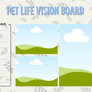 Puede incluir: Un tablero de visi&oacute;n de color claro con el texto "PET LIFE VISION BOARD" en azul. El tablero incluye secciones para objetivos e im&aacute;genes de paisajes con nubes. El fondo tiene un patr&oacute;n repetitivo de lib&eacute;lulas.