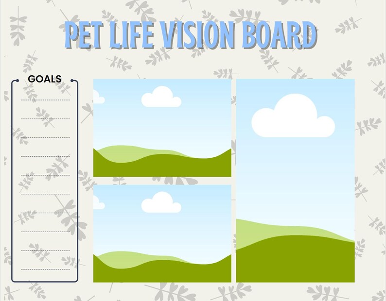Puede incluir: Un tablero de visi&oacute;n de color claro con el texto "PET LIFE VISION BOARD" en azul. El tablero incluye secciones para objetivos e im&aacute;genes de paisajes con nubes. El fondo tiene un patr&oacute;n repetitivo de lib&eacute;lulas.