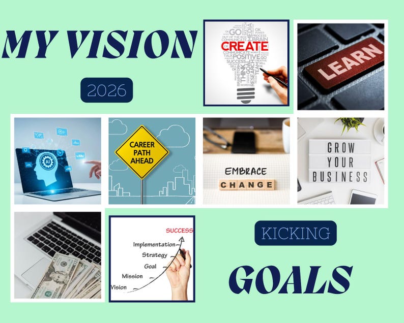 May include: A collage with the words "MY VISION 2026" and "KICKING GOALS". The image includes a laptop with an AI graphic, a yellow road sign, a lightbulb with the word "CREATE", and the word "LEARN" on a keyboard key.