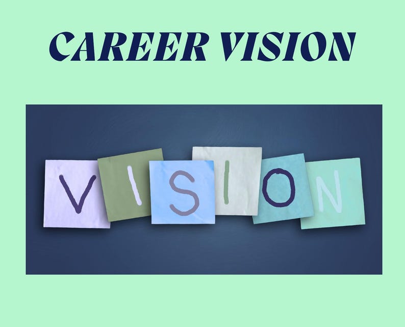 May include: The words "CAREER VISION" are displayed in dark blue text above a series of colorful sticky notes. The notes spell out "VISION" in various colors, including blue, green, and white, against a dark blue background.