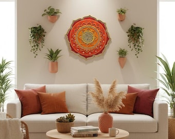 Handmade Lippan Art Mandala Wall Hanging | Red & Orange Lotus Decor | Indian Boho Mirror Work | Festive Home Accent | Housewarming Gift