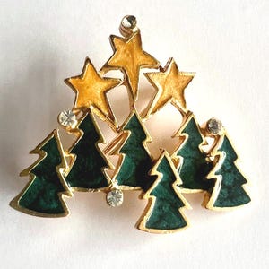 VTG JJ JONETTE Winter Emaille Brosche Bäume Sterne Strass Weihnachten Urlaub Pin