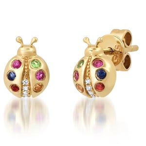 Colorful Sapphire & Diamond Ladybug Studs earrings 14k Yellow Gold Dainty Gift for Her