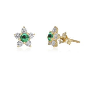 Orecchini a bottone a forma di fiore in oro con smeraldo naturale e diamanti, oro 14k, regalo floreale delicato per lei