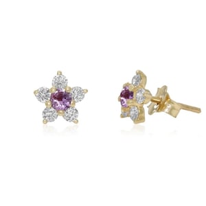Delicati orecchini a bottone a forma di fiore in oro 14k con diamanti naturali e zaffiri rosa, regalo perfetto per lei