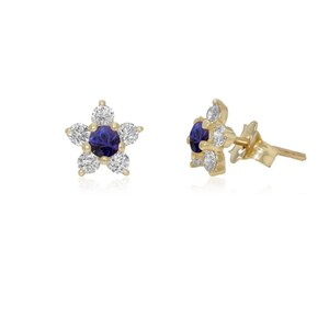 Orecchini a bottone a forma di fiore con zaffiro blu e diamanti naturali, in oro 14k, regalo per lei, perfetti per l'uso quotidiano