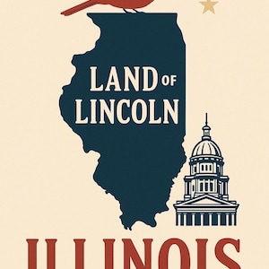 Lámina artística retro del estado de Illinois: diseño de cardenal «Land of Lincoln» (arte mural imprimible)