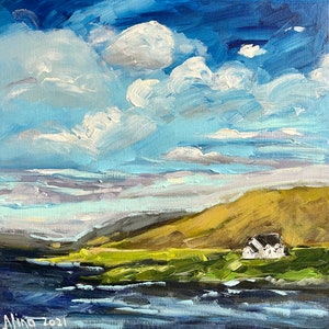 Scotland Beach Cottage  10"x10" original acrylic painting on square canvas, sea, ocean, sand, small painting, square canvas