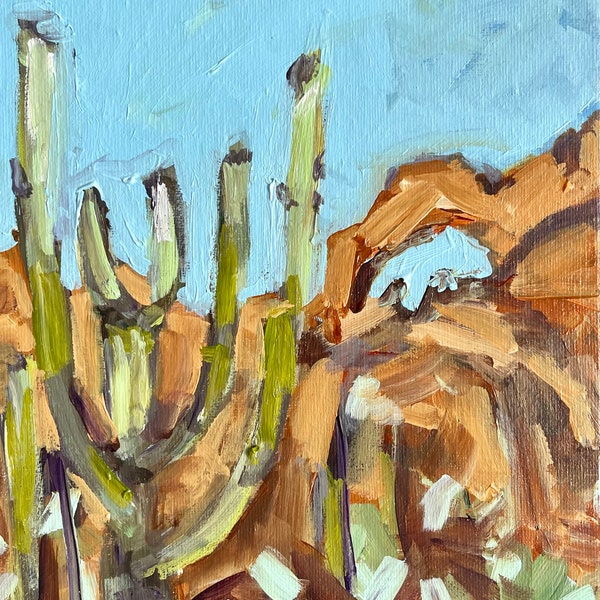 Tucson Arizona Desert Saguaro Cactus organ pipe National Park view red rocks  10"x8" original painting acrylics on canvas