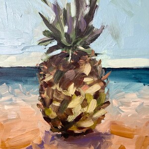 Pineapple on the beach still life 10x8&quot; original acrylic on canvas  small painting kitchen decor beach house decor