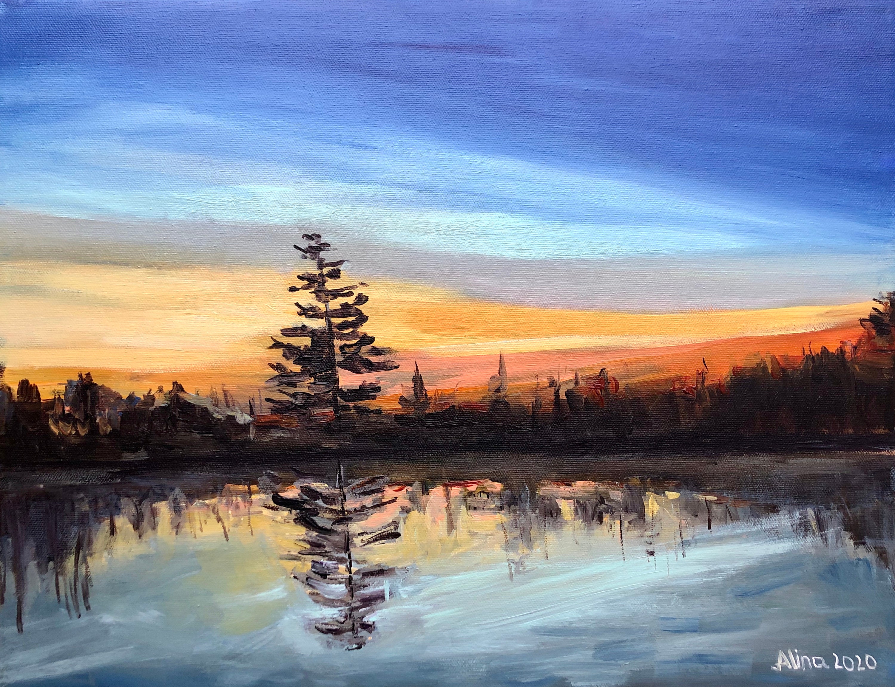 Ameri　SUNSET ART PAINT SKIRT Abstract Sunrise Sunset Reflection Bright Pink Yellow Purple