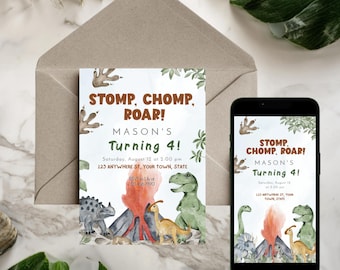 Volcano Dinosaur Birthday Invitation Template, Prehistoric Party Invite, Corjl Printable Digital Download, Roar Volcano Valley Birthday