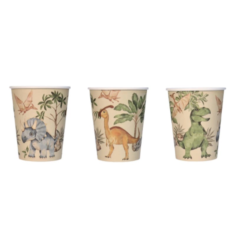 Three side-by-side stacks of Joy Ladder Dinosaur 9oz paper cups