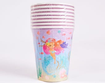 Mermaid Party Cups - Pack of 8 | Mermaid Birthday Party Supplies, Under the Sea Tableware, Ocean Theme Partyware