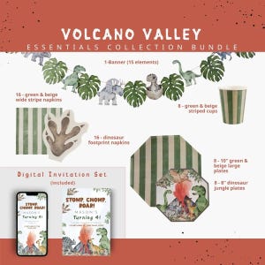 Puede incluir: Paquete de colección de elementos esenciales de Volcano Valley. Incluye una pancarta, servilletas, tazas, platos y un juego de invitación digital. El conjunto presenta diseños de dinosaurios y jungla en verde, beige y marrón. El texto "STOMP, CHOMP, ROAR!" y "MASON'S Turning 4!"