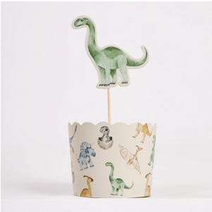 Può includere: Un set di pirottini e topper per cupcake con illustrazioni ad acquerello di vari dinosauri. Il topper è un Brontosauro verde su un bastoncino di legno. Il pirottino per cupcake ha un bordo smerlato ed è decorato con diverse specie di dinosauri.