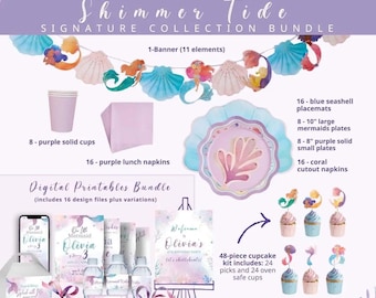 Mermaid Birthday Party Bundle for 8 Guests | Shimmer Tide Party Supplies, Under the Sea Partyware, Signature Bundle