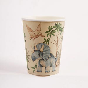 Front view of single Joy Ladder Dinosaur 9oz paper cup