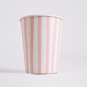 Joy Ladder Pink & White Petite Stripe 9oz paper cup front view