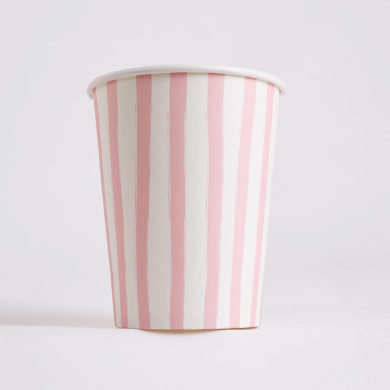 Joy Ladder Pink & White Petite Stripe 9oz paper cup front view