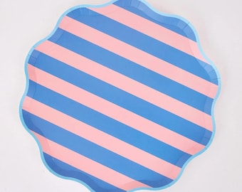 Pink & Blue Cabana Stripe Party Plates, 10-Inch Large Paper Plates - Pack of 8 | Pool Party Supplies, Coastal Tableware, Summer Entertaining