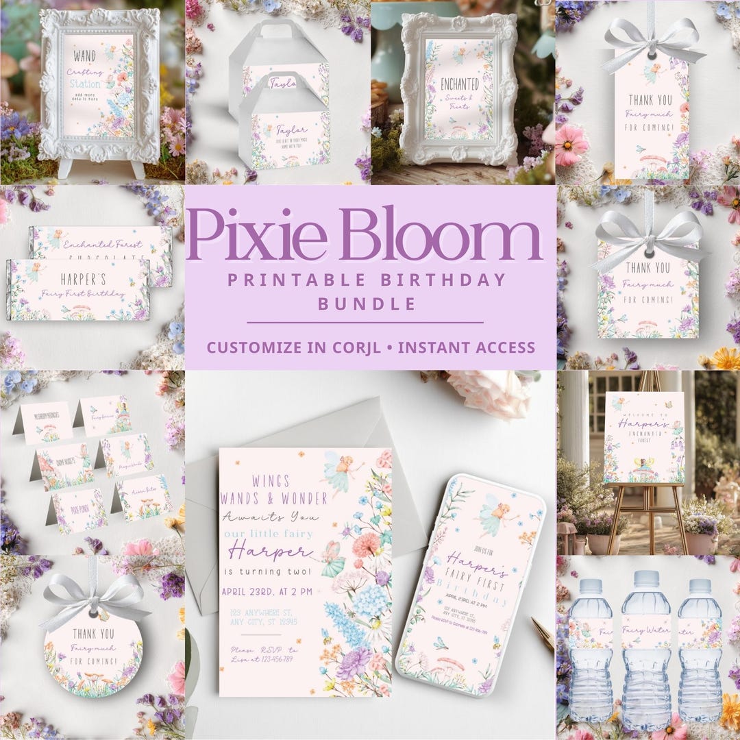 Printable Fairy Birthday Party Bundle | Editable Pixie Bloom Corjl ...