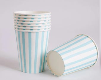 Kubeczki imprezowe w turkusowo-białe paski – zestaw 8 sztuk | Coastal Birthday Partyware, nowoczesna zastawa stołowa na uroczystości